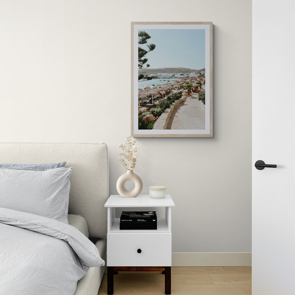 All Roads Lead To The Beach Mykonos Greek island wall art framed print styled in a room view 2