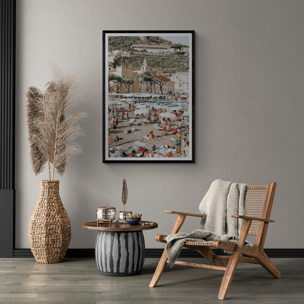 Festa In Spiaggia Amalfi coastal wall art framed print styled in a room view 3