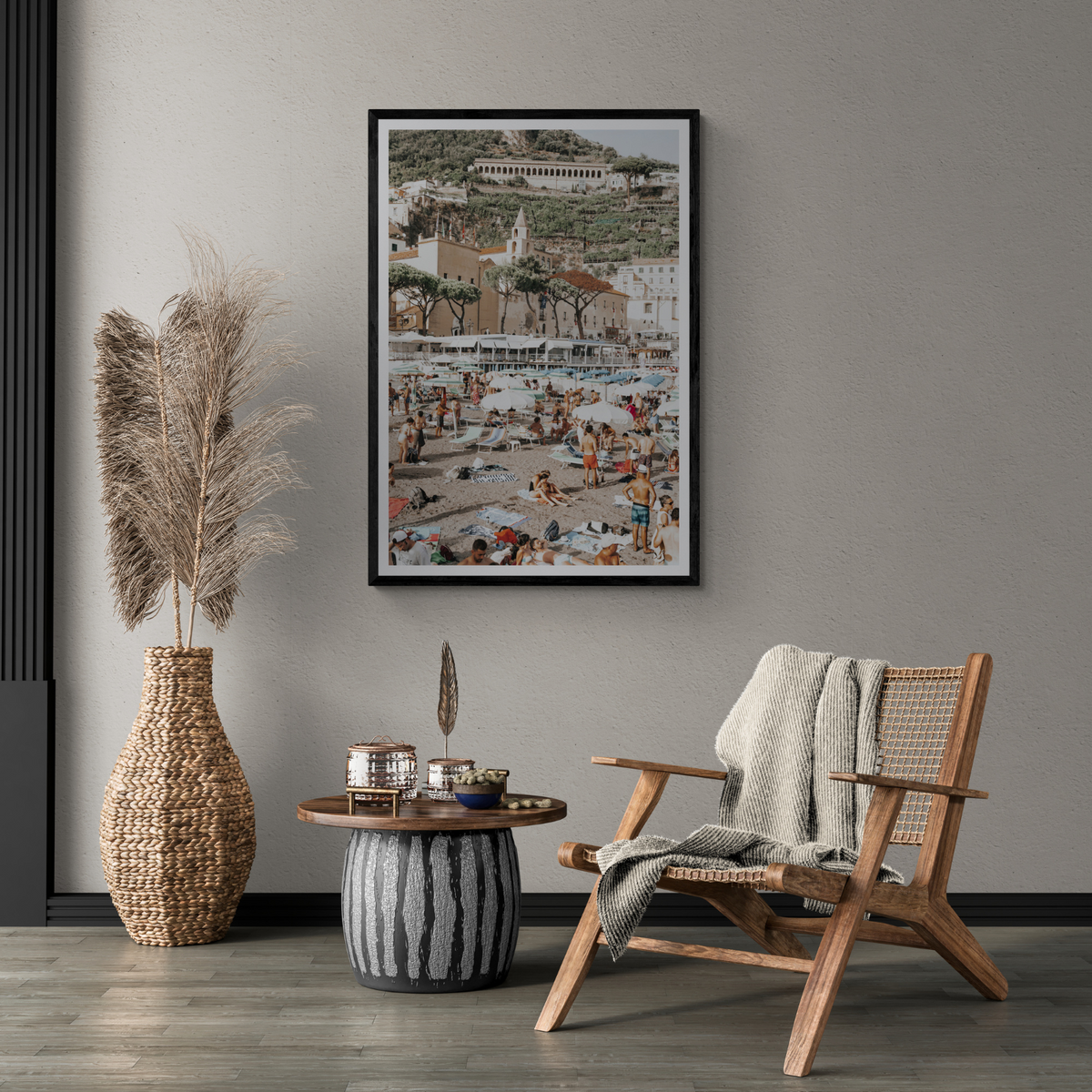 Festa In Spiaggia Amalfi coastal wall art framed print styled in a room view 3