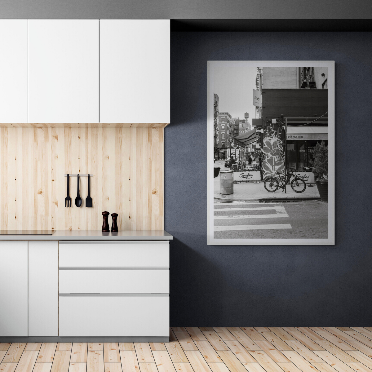 Cafe Canvas New York NYC Black & White wall art framed print styled in a room