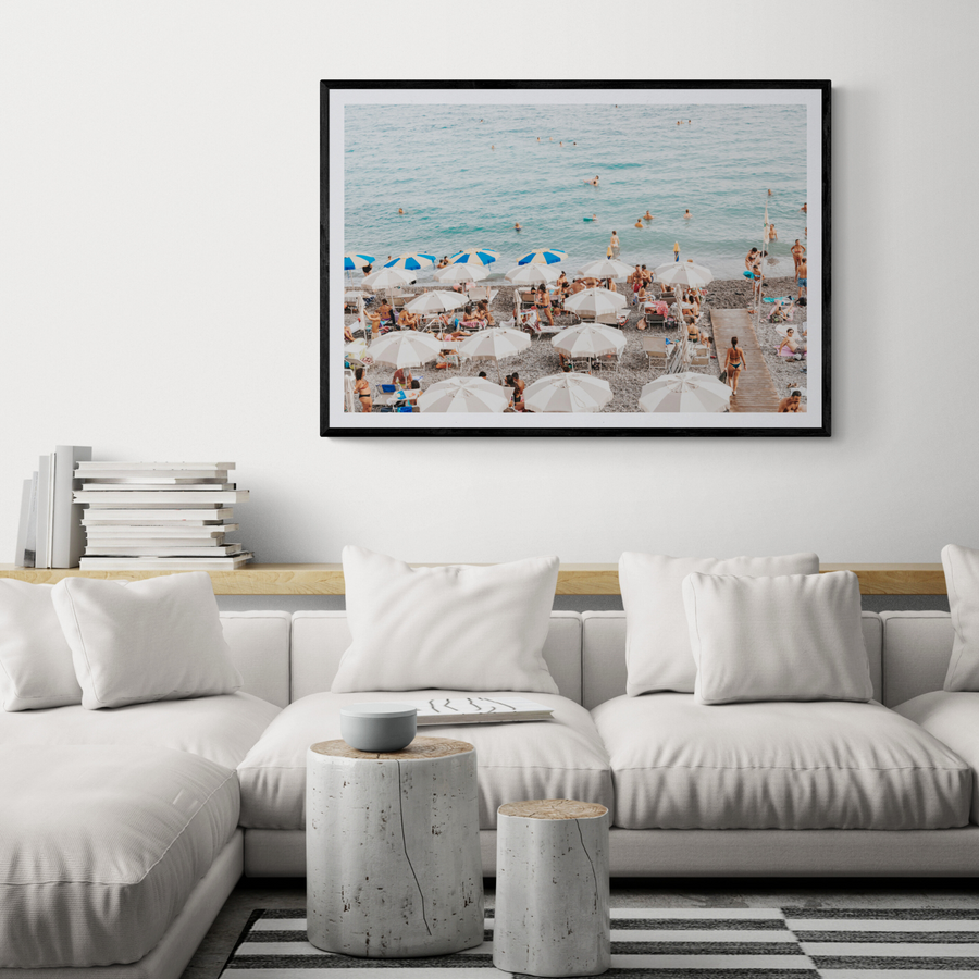 Dreamscape Amalfi Italian beach wall art framed print styled in a room