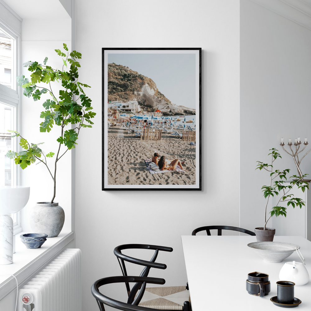 Beach Buddies Ischia beach Mediterranean wall art framed print styled in a room view 2