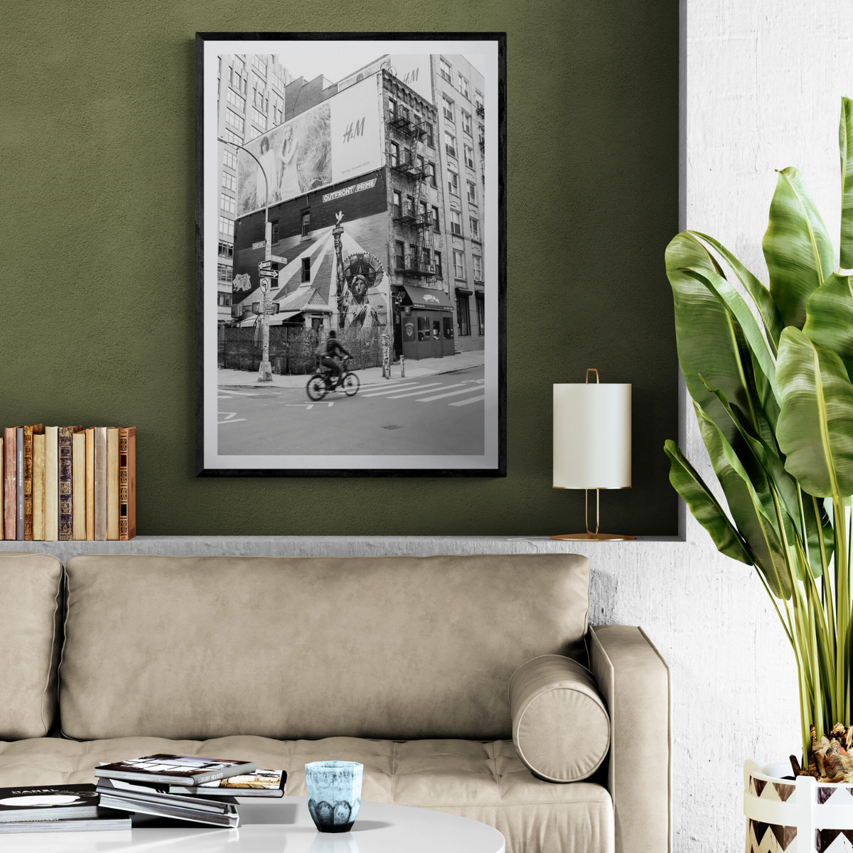 Shadows Of Liberty New York NYC Black & White wall art framed print styled in a room