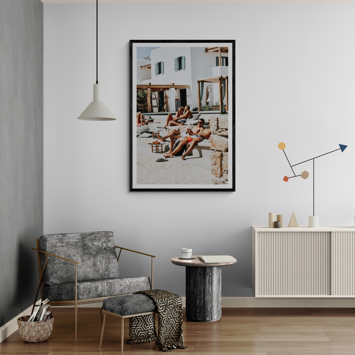 Style That Sizzles Mykonos Greek island wall art framed print styled in a room