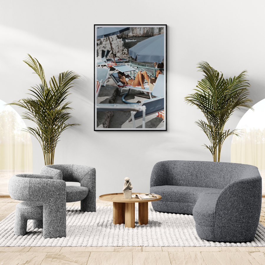 Beach Babe Capri beach Mediterranean wall art framed print styled in a room