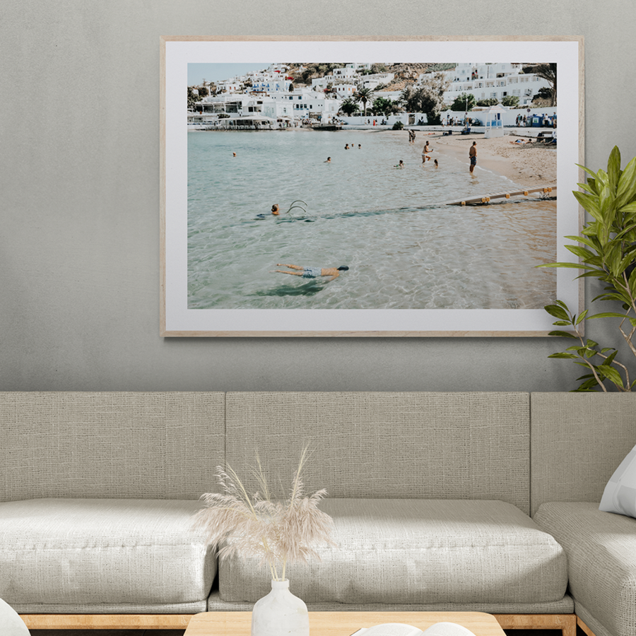 Bathe Yourself In Beauty Mykonos Greek island wall art framed print styled in a room