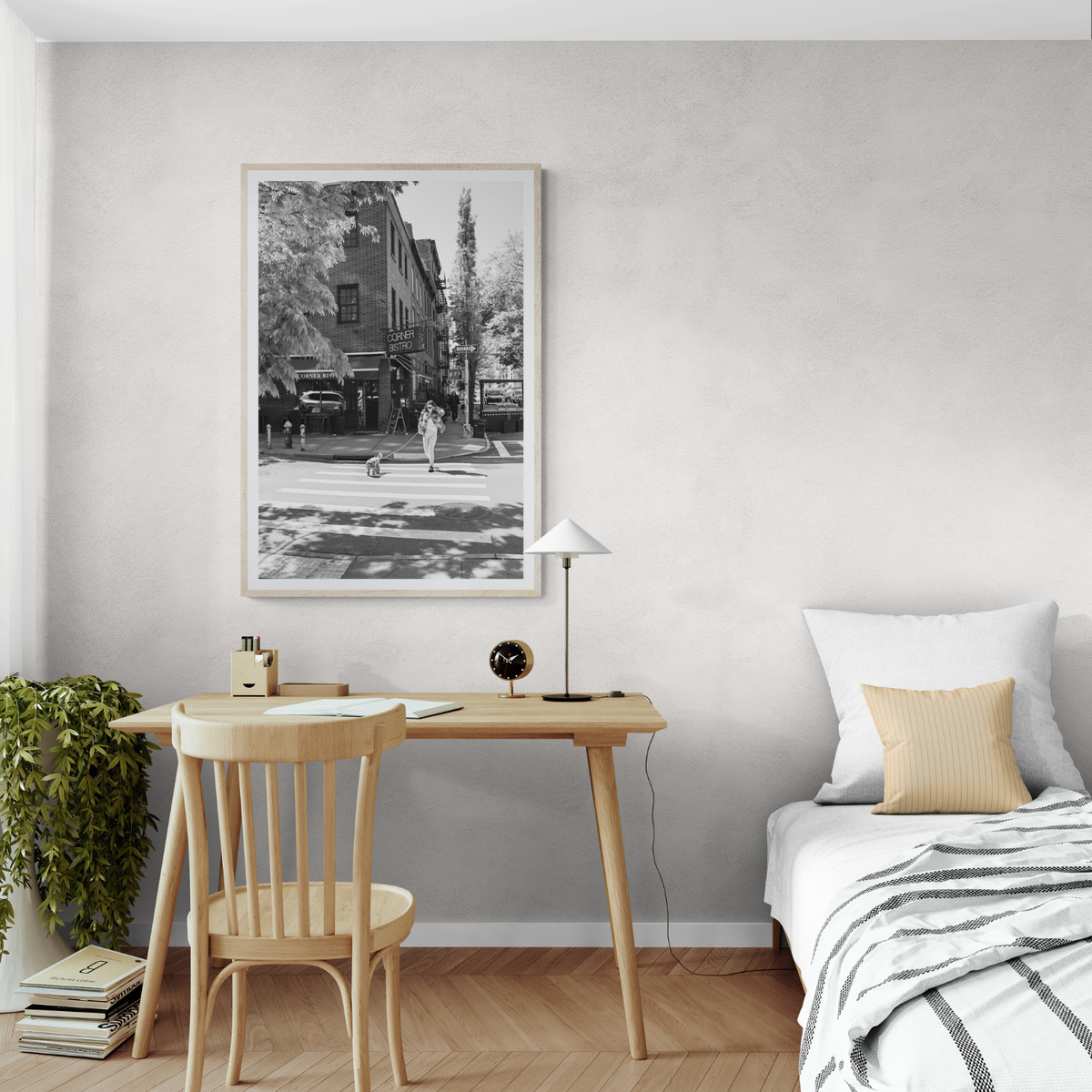 Sunlit Stroll New York NYC Black & White wall art framed print styled in a room view 3