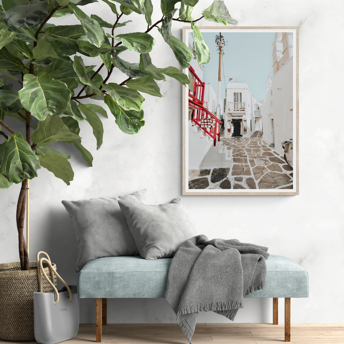Happiness Mykonos Greek island wall art framed print styled in a room view 3