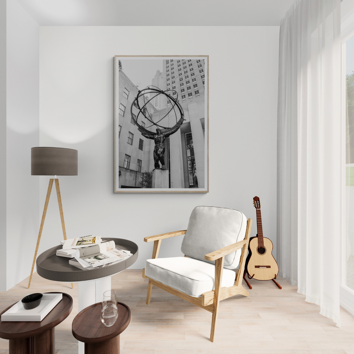 Atlas Ascends New York NYC Black & White wall art framed print styled in a room
