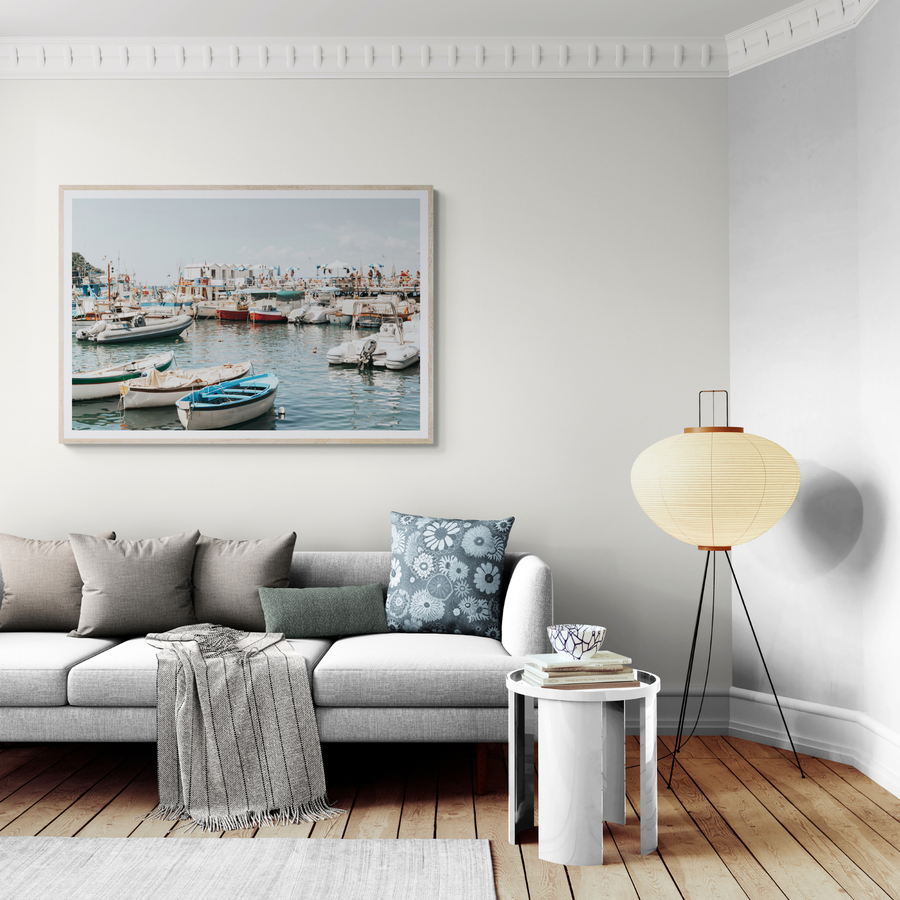 Antico Porto Sorrento Marina coastal wall art framed print styled in a room