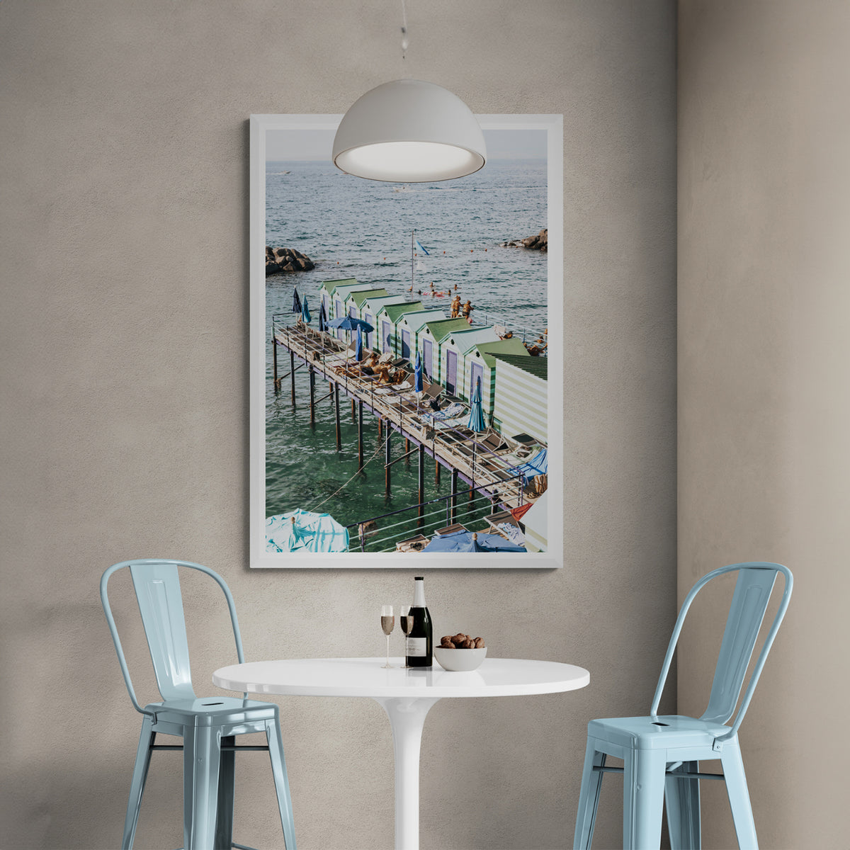 Cabine Da Spiaggia framed wall art print styled in a hospitality setting