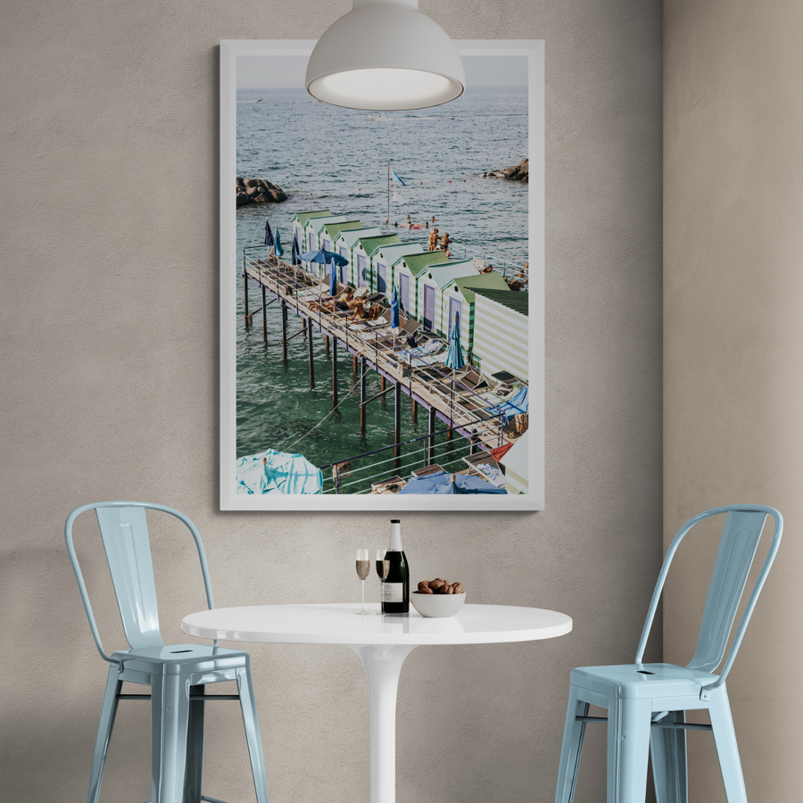 Cabine da Spiaggia Sorrento Italian beach wall art framed print styled in a room view 2