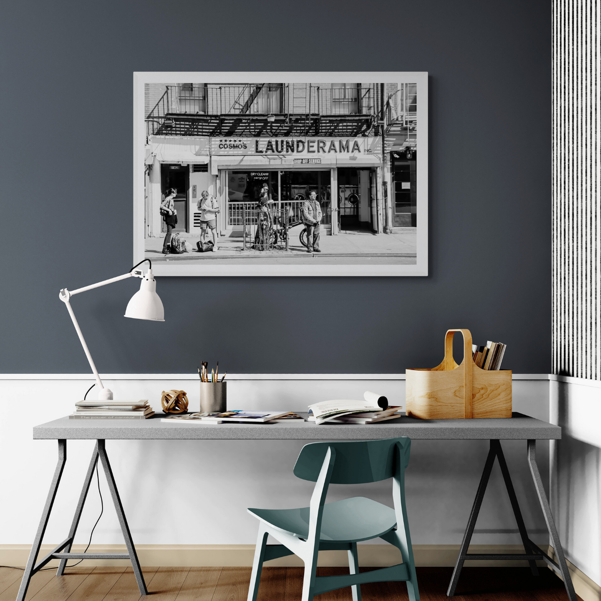 Launderama New York NYC Black & White wall art framed print styled in a room