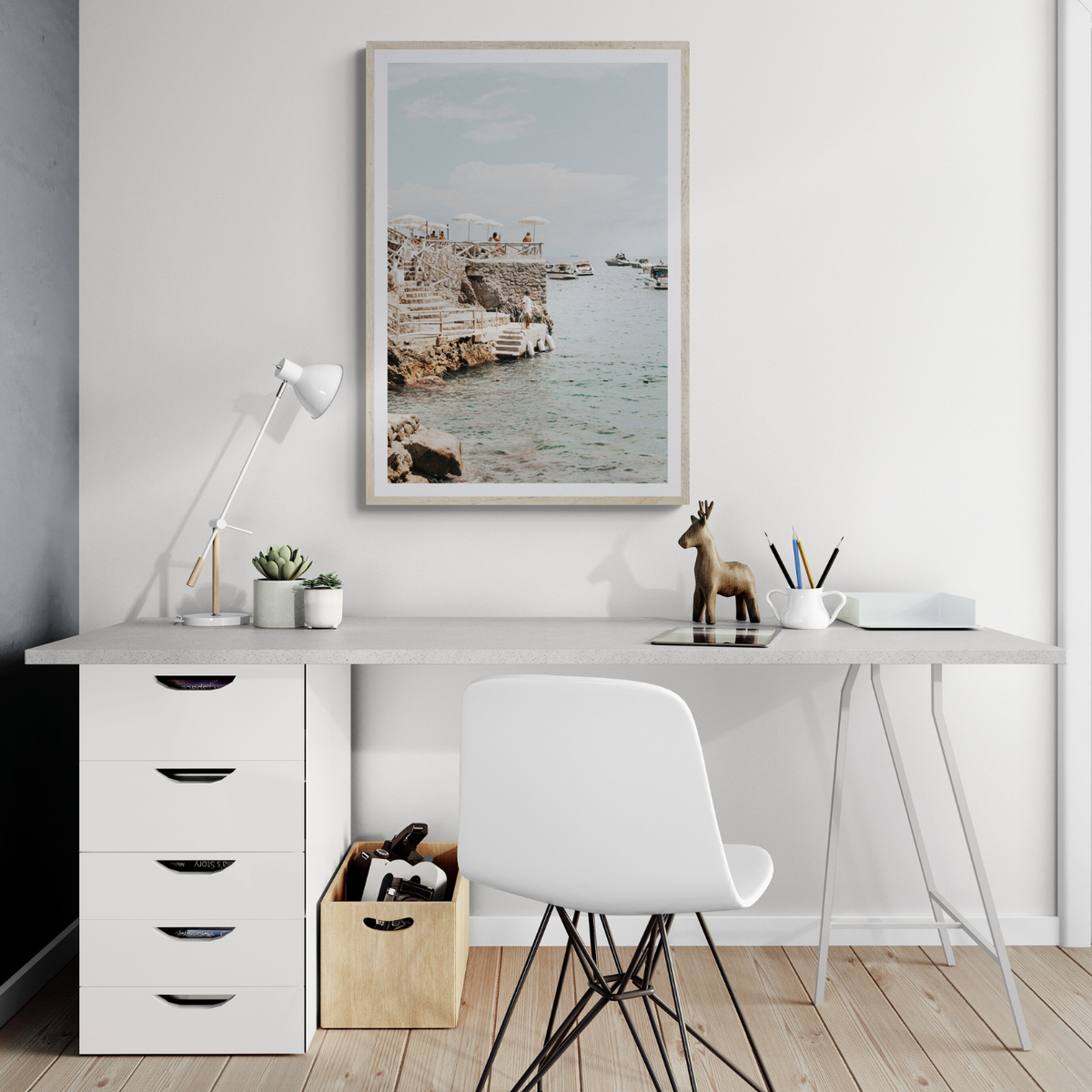 Pier Patrol Nerano wall art framed print styled in a room