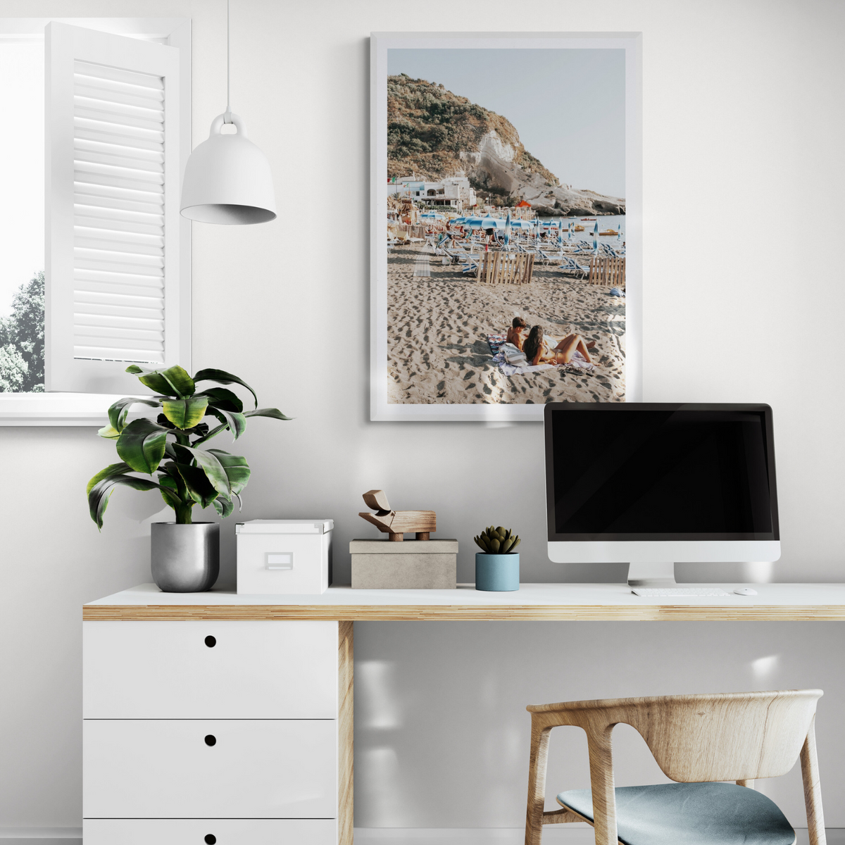 Beach Buddies Ischia beach Mediterranean wall art framed print styled in a room view 3