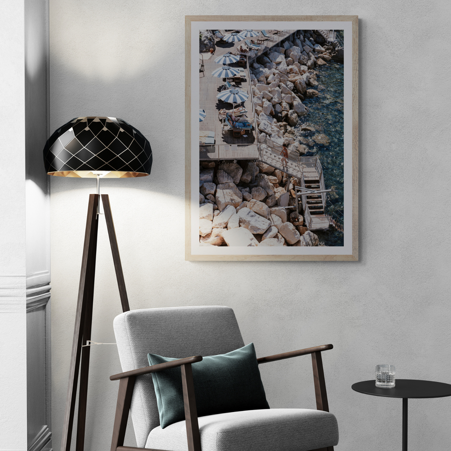 Life On The Shore Ischia Italian Mediterranean decor wall art framed print styled in a room view 3