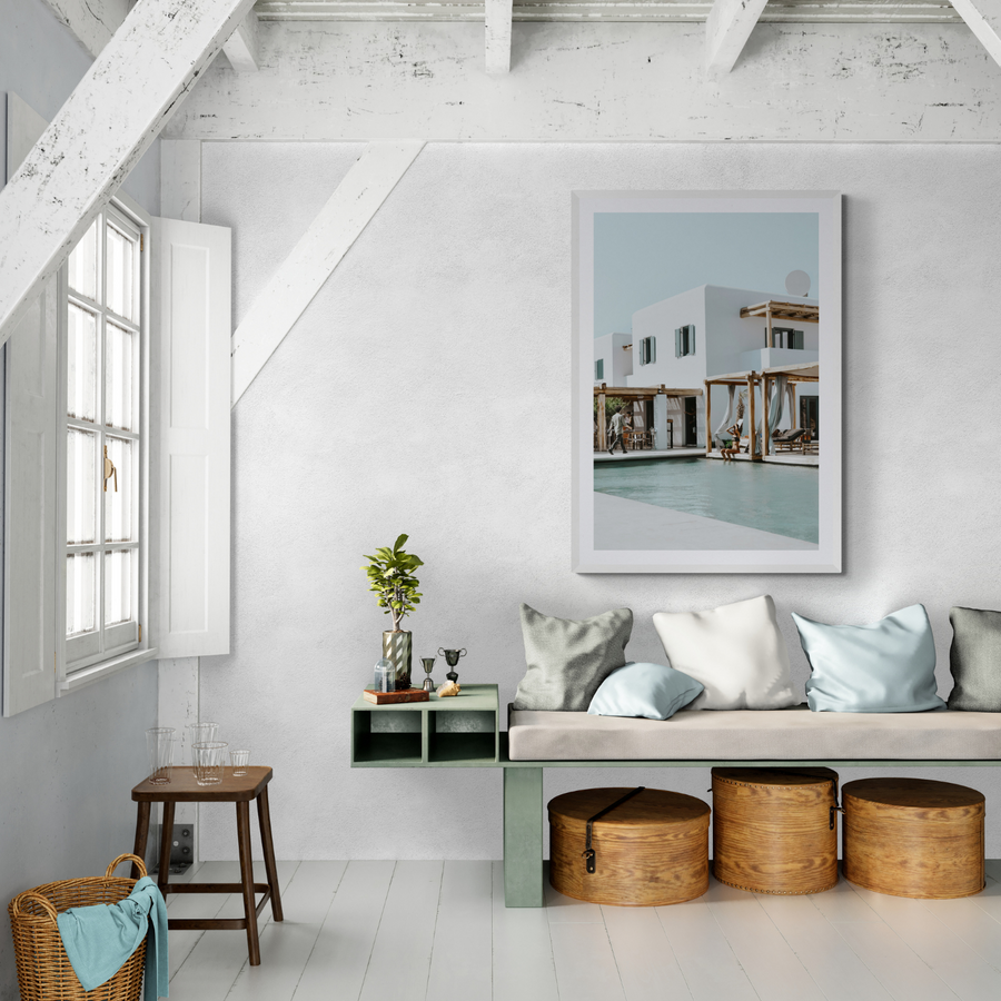 Aphrodite Mykonos Greek island wall art framed print styled in a room