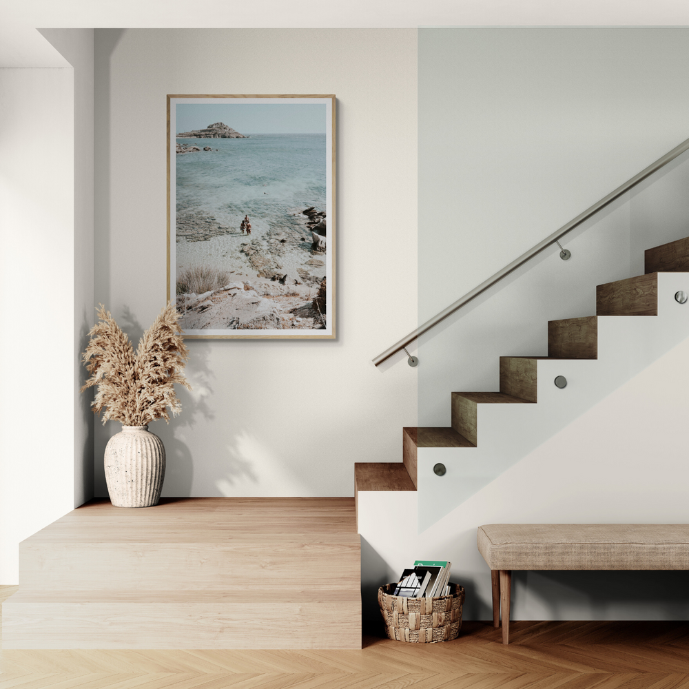 Island Life Mykonos coastal Greek island wall art framed print styled in a room view 3