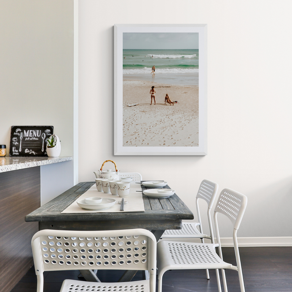 Gidget & Betty Byron Bay beach coastal wall art framed print styled in a room view 3