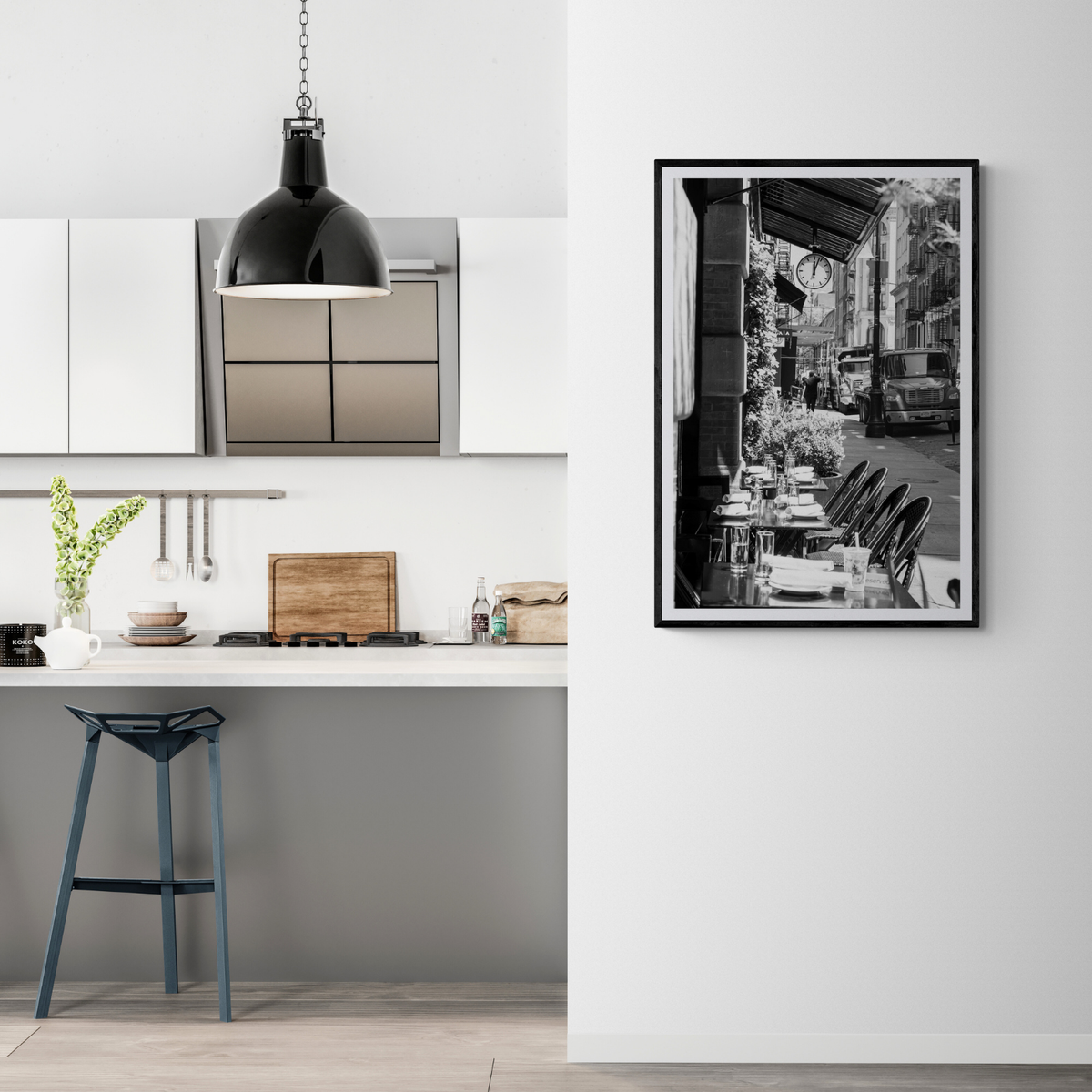 Mercer Street New York NYC Black & White wall art framed print styled in a room