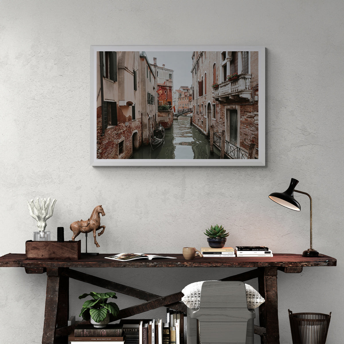 Venetian Gothic framed wall art print styled in a home office interior