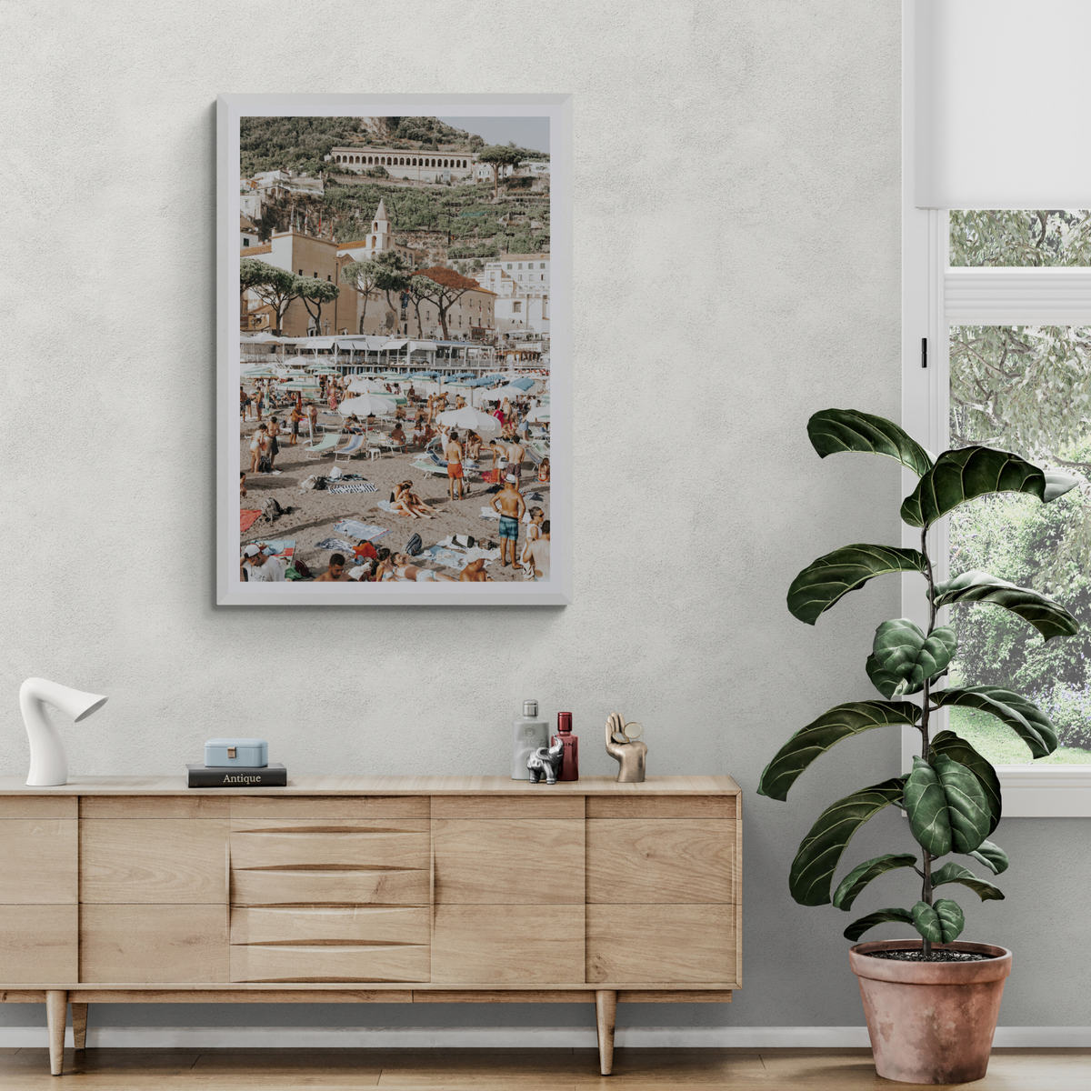 Festa In Spiaggia Amalfi coastal wall art framed print styled in a room