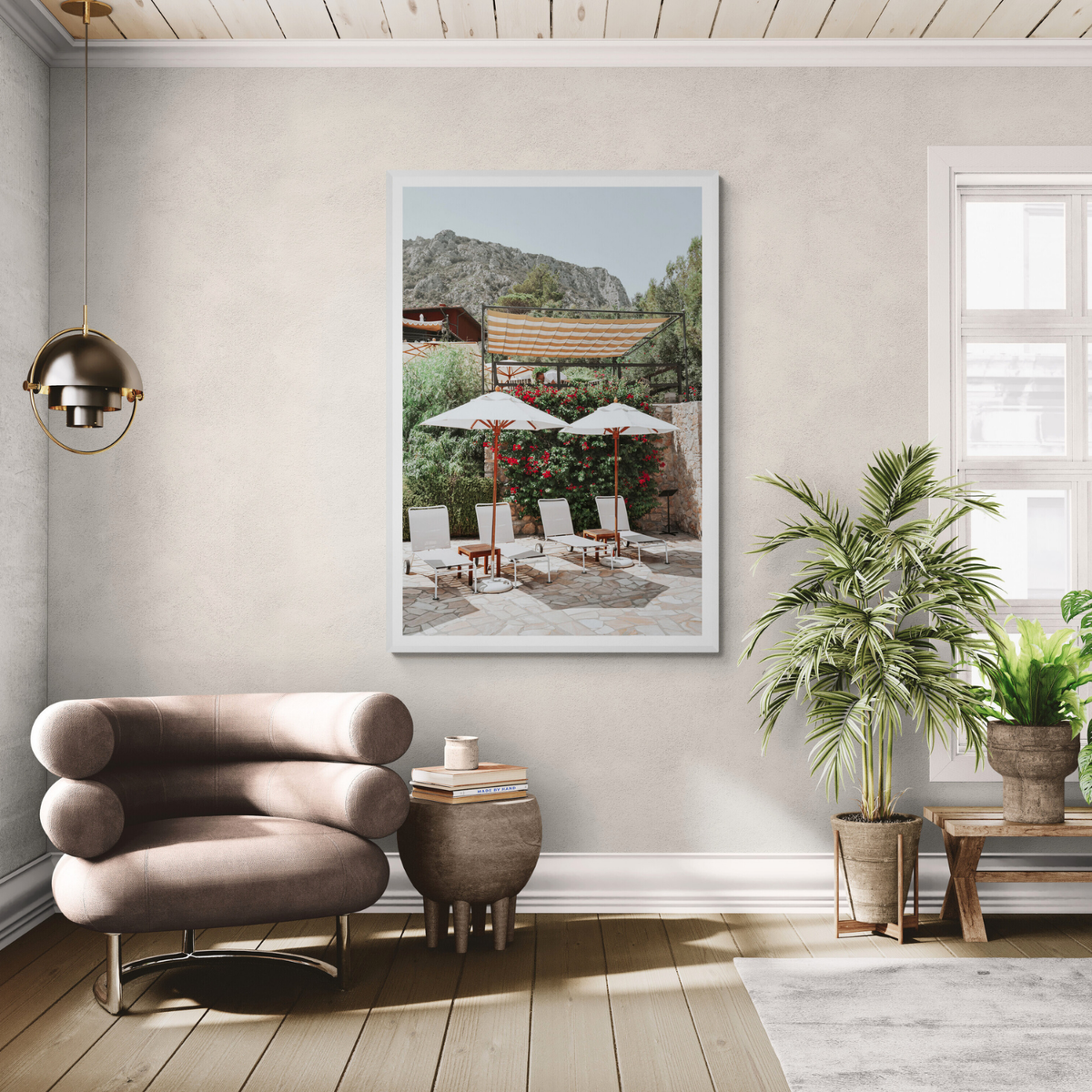 Shades of Leisure Tuscany coastal Italian wall art framed print styled in a room