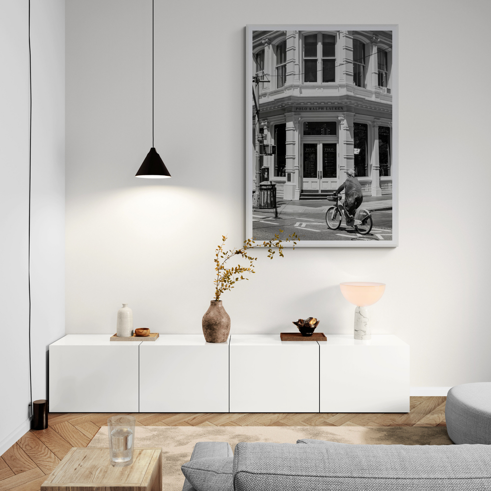 Downtown Rider New York NYC Black & White wall art framed print styled in a room view 2
