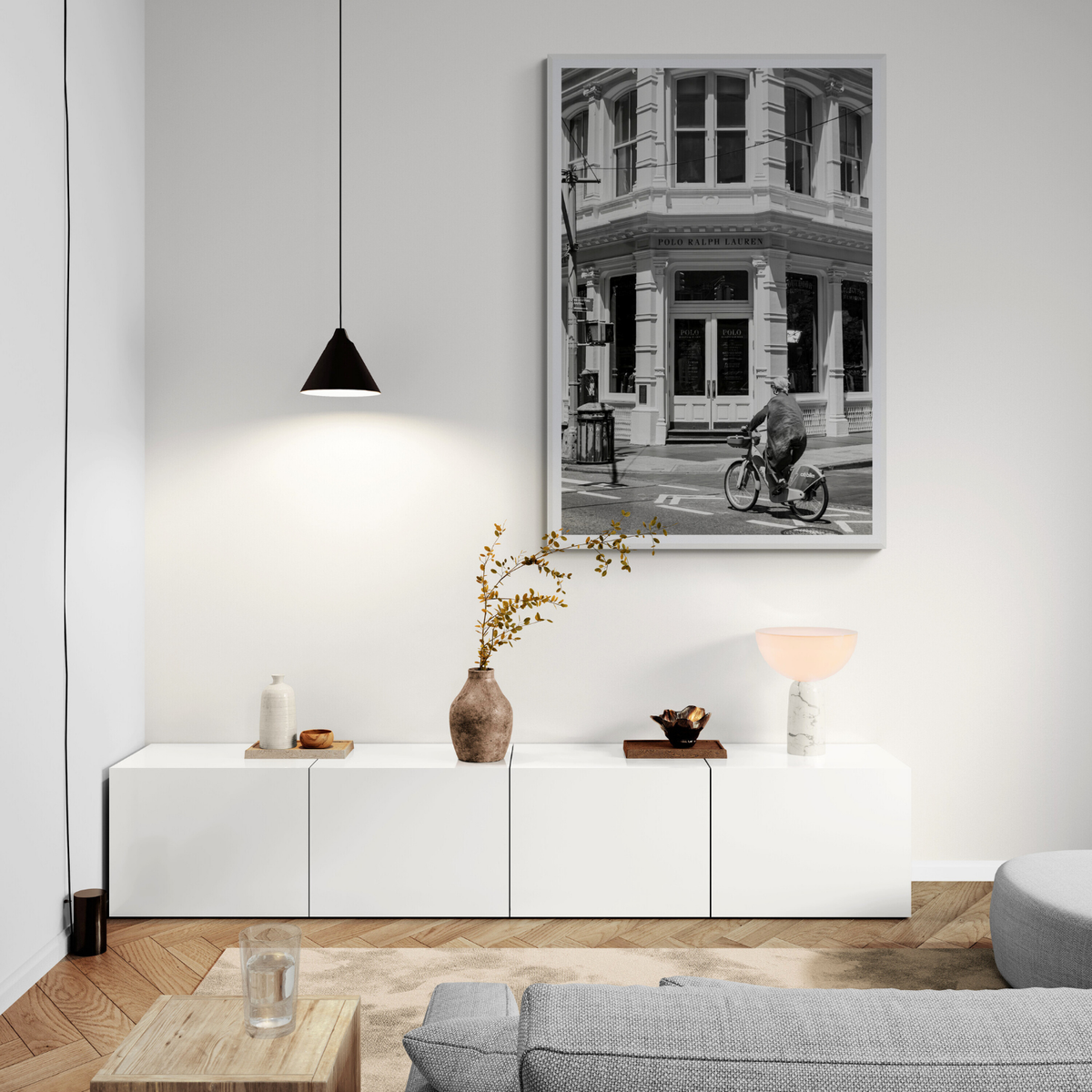 Downtown Rider New York NYC Black & White wall art framed print styled in a room view 2