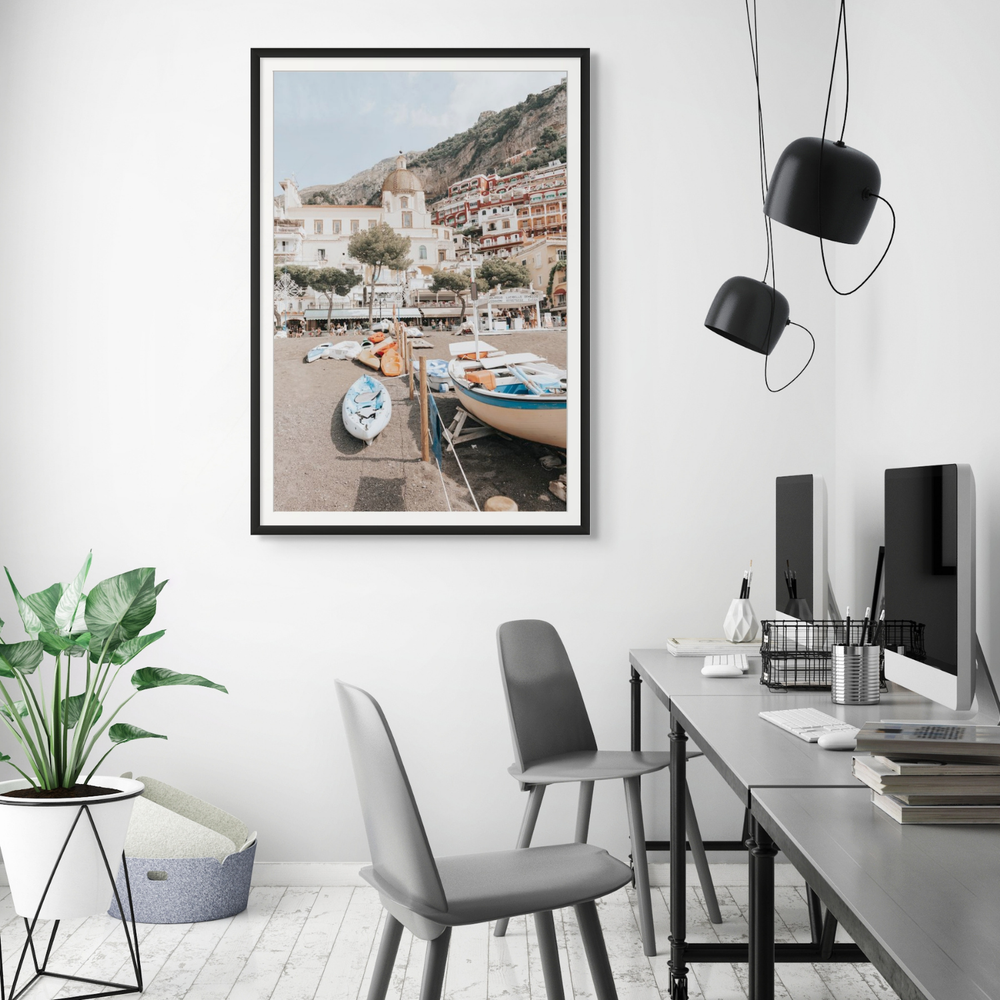 Seaside Hues Positano wall art framed print styled in a room view 2