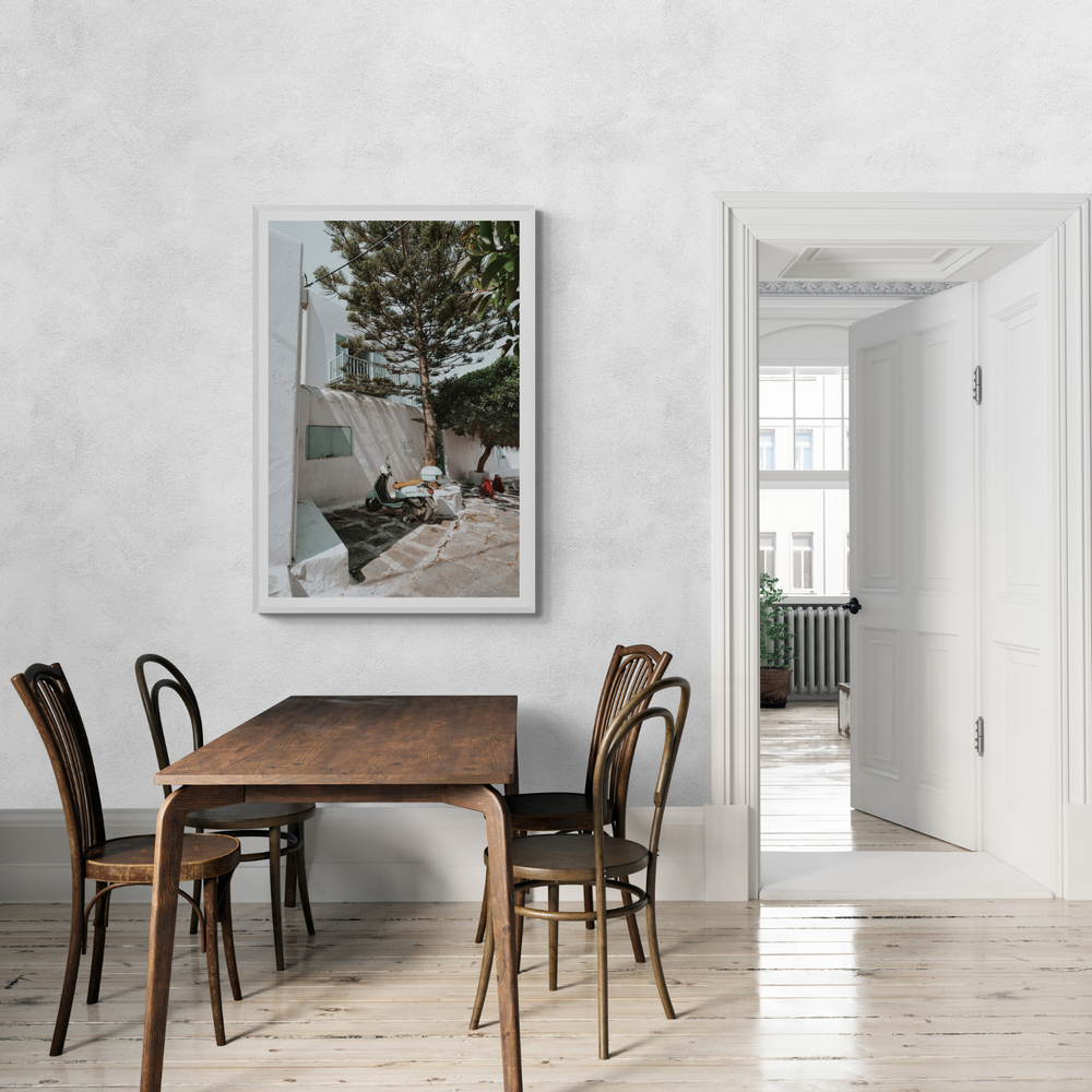 The Getaway Mykonos Mediterranean Greek island art print framed print styled in a room view 3