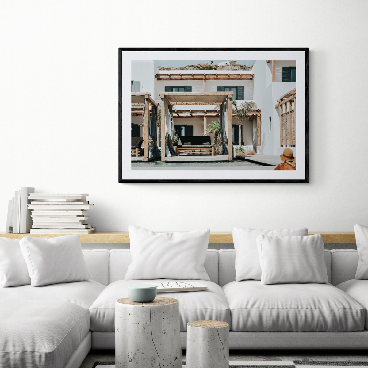 Dream Villa Mykonos Greek island wall art framed print styled in a room