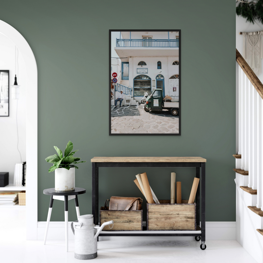 The Mykonian Repose Greek island Greece wall art framed print styled in a room view 3