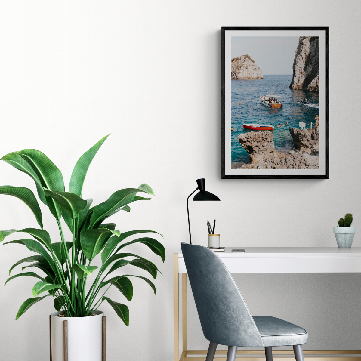 Set Sail Capri Sailboat coastal wall art framed print styled in a room view 2