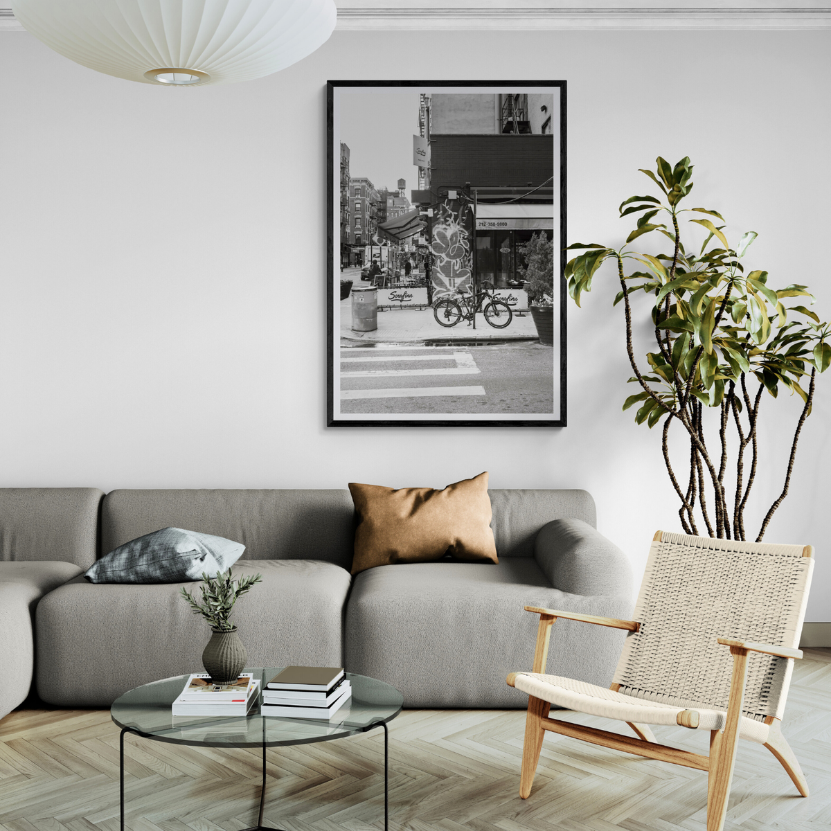 Cafe Canvas New York NYC Black & White wall art framed print styled in a room view 2