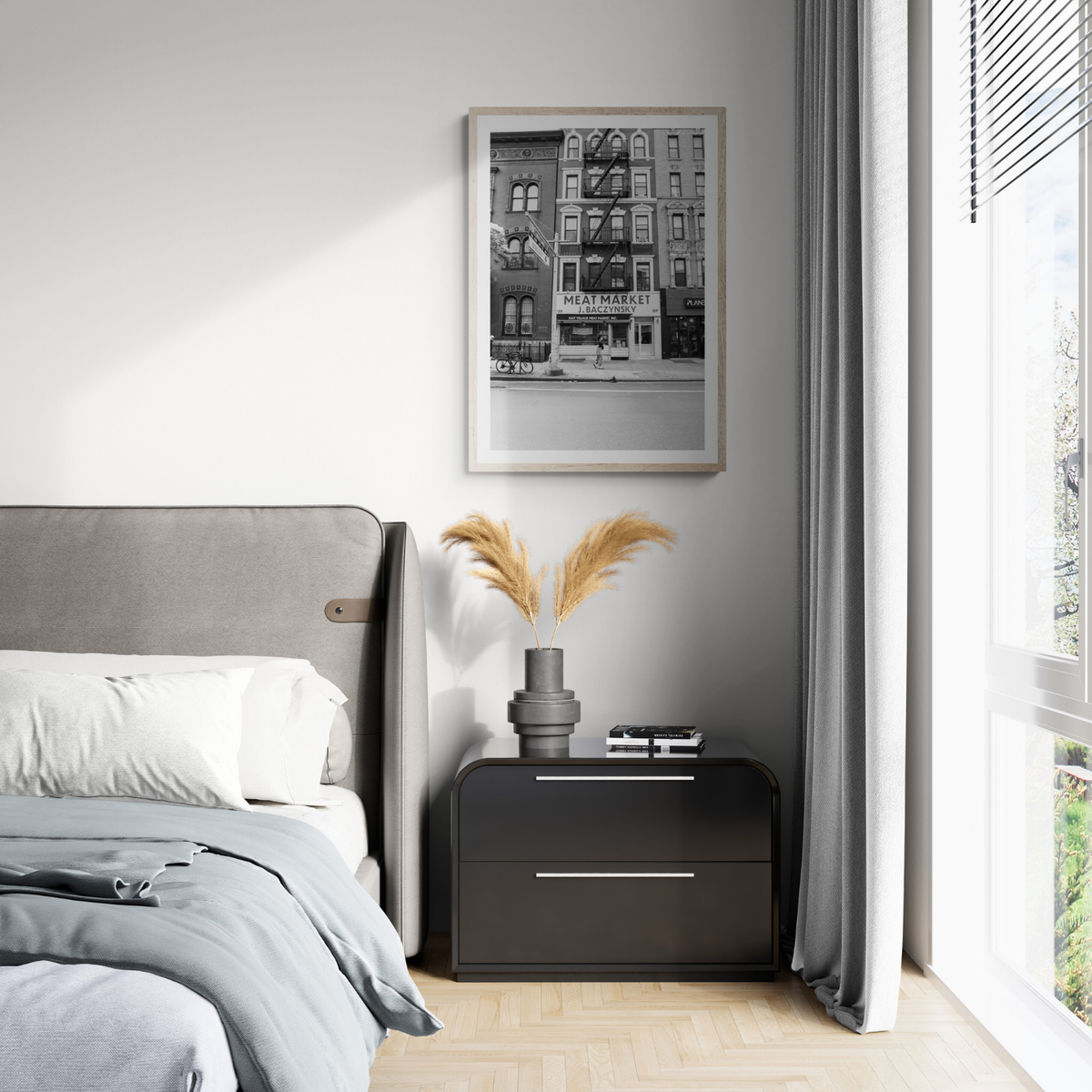 Vertical Village New York NYC Black & White wall art framed print styled in a room