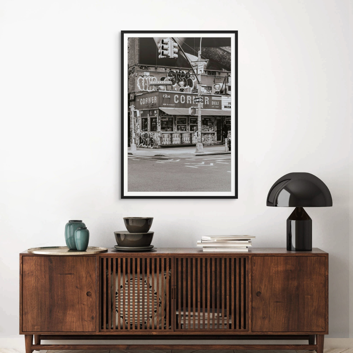 Soho Deli New York NYC Black & White wall art framed print styled in a room