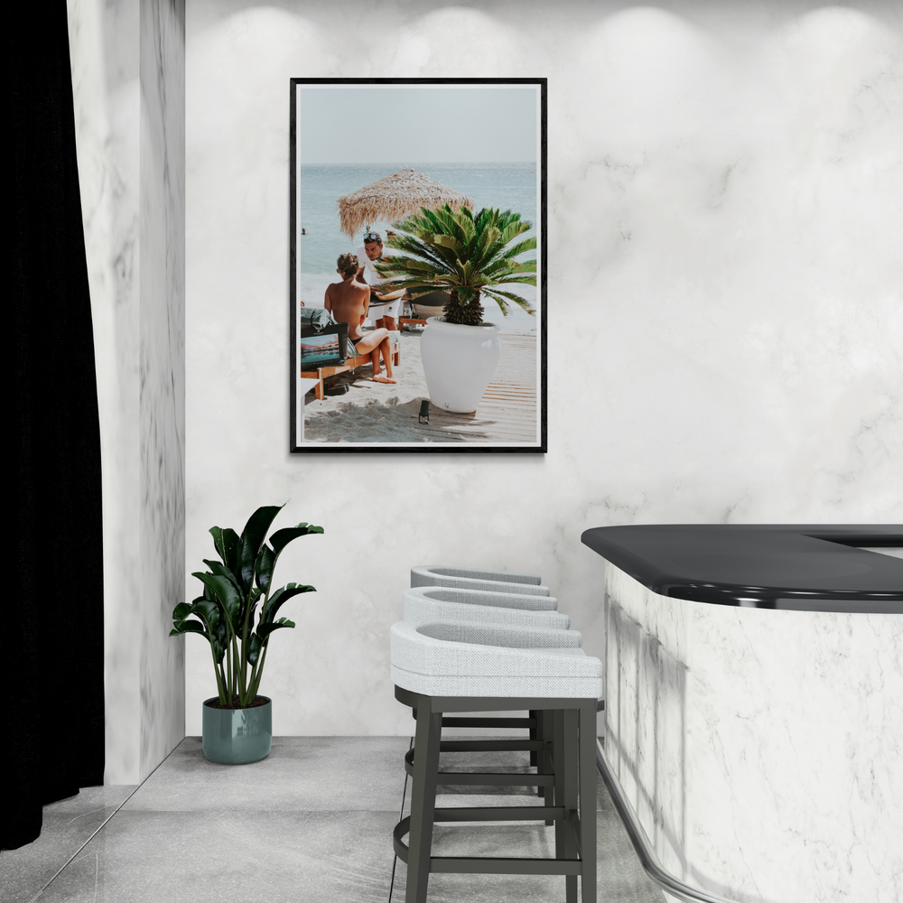 At Your Service Mykonos Greek island wall art framed print styled in a room view 2