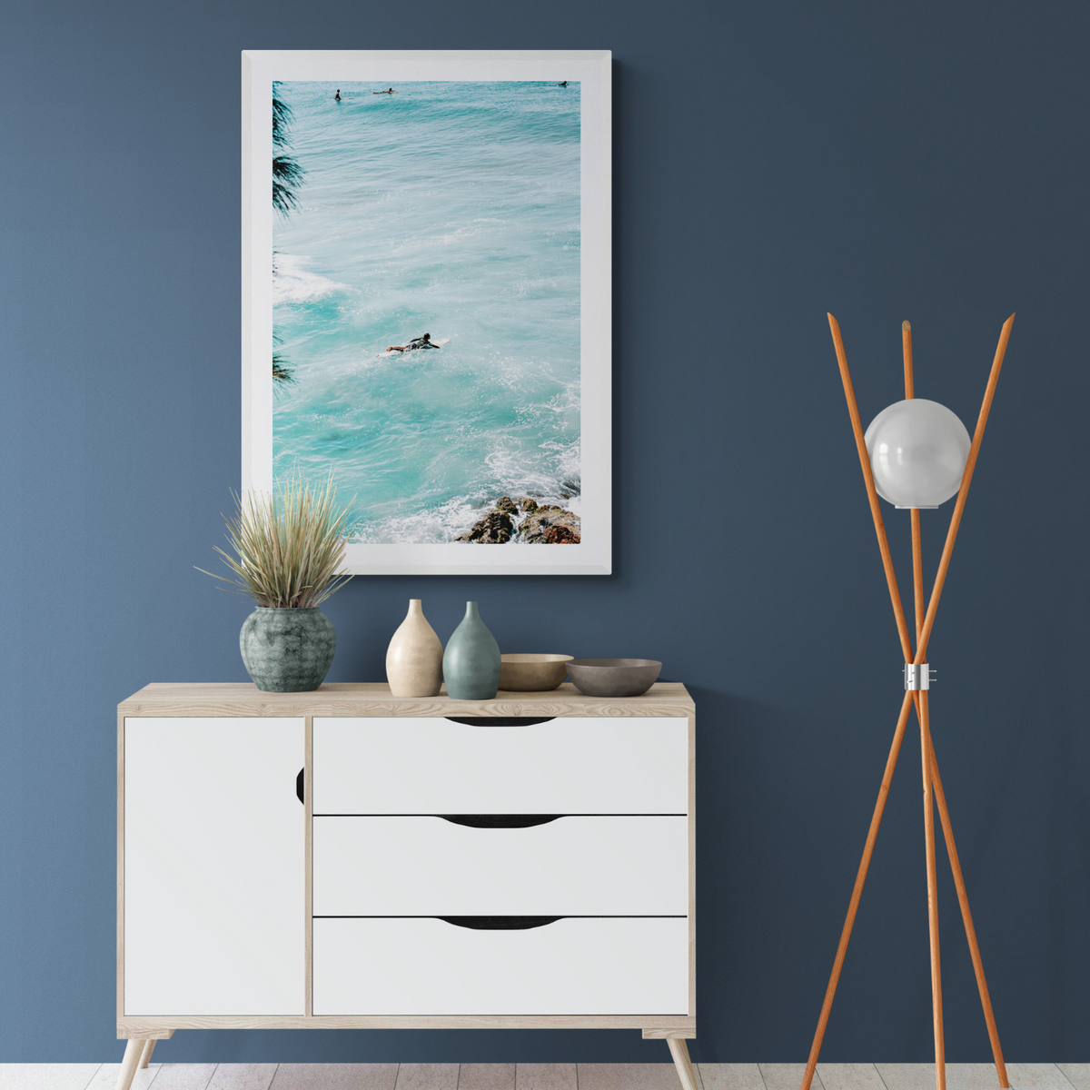 Blue Crush Byron Bay Surf coastal wall art framed print styled in a room