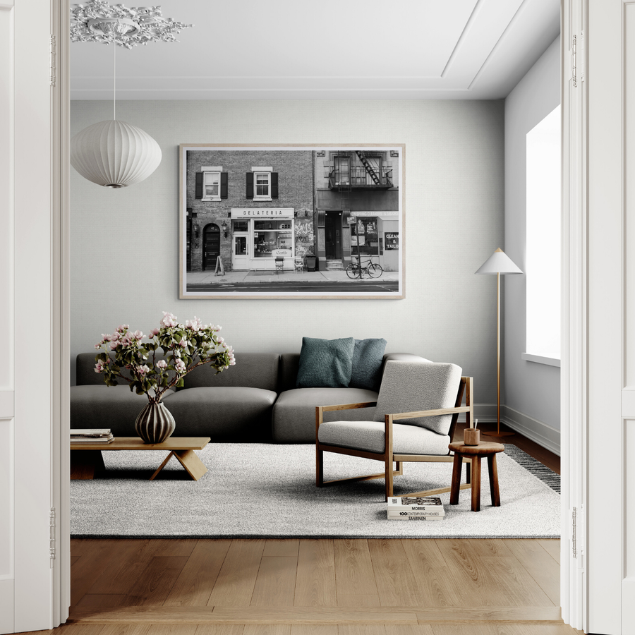West Village Dolcezza New York NYC Black & White wall art framed print styled in a room