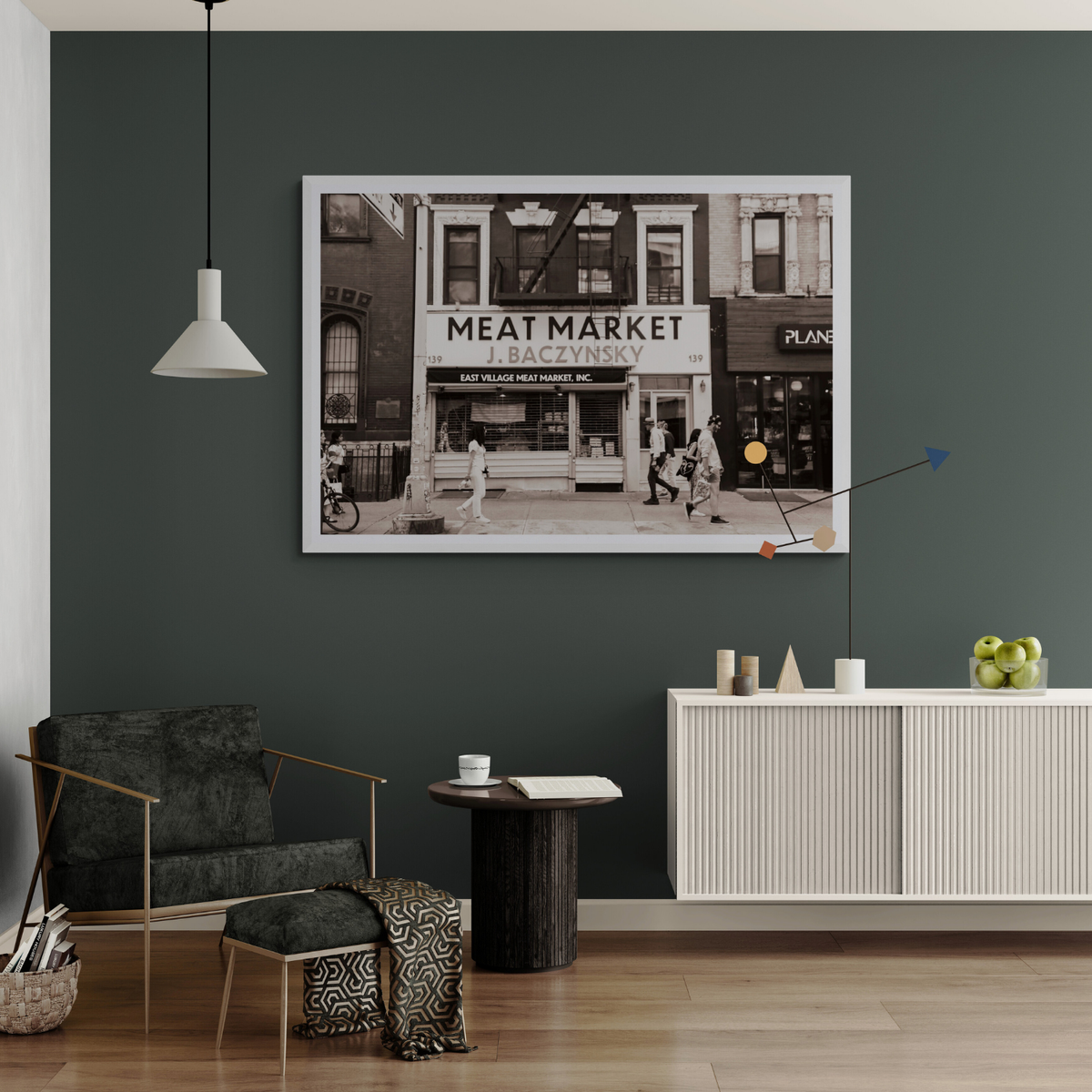 Meat District New York NYC Black & White wall art framed print styled in a room view 2