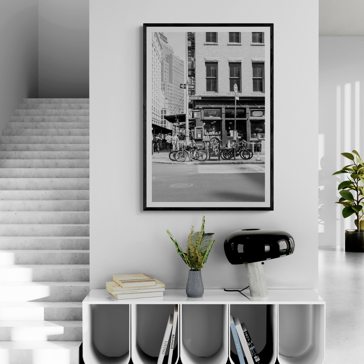 Bites Of The Big Apple New York NYC Black & White wall art framed print styled in a room