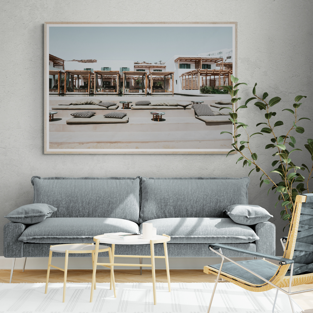 Platis Gialos Mykonos beach Greek island wall art framed print styled in a room