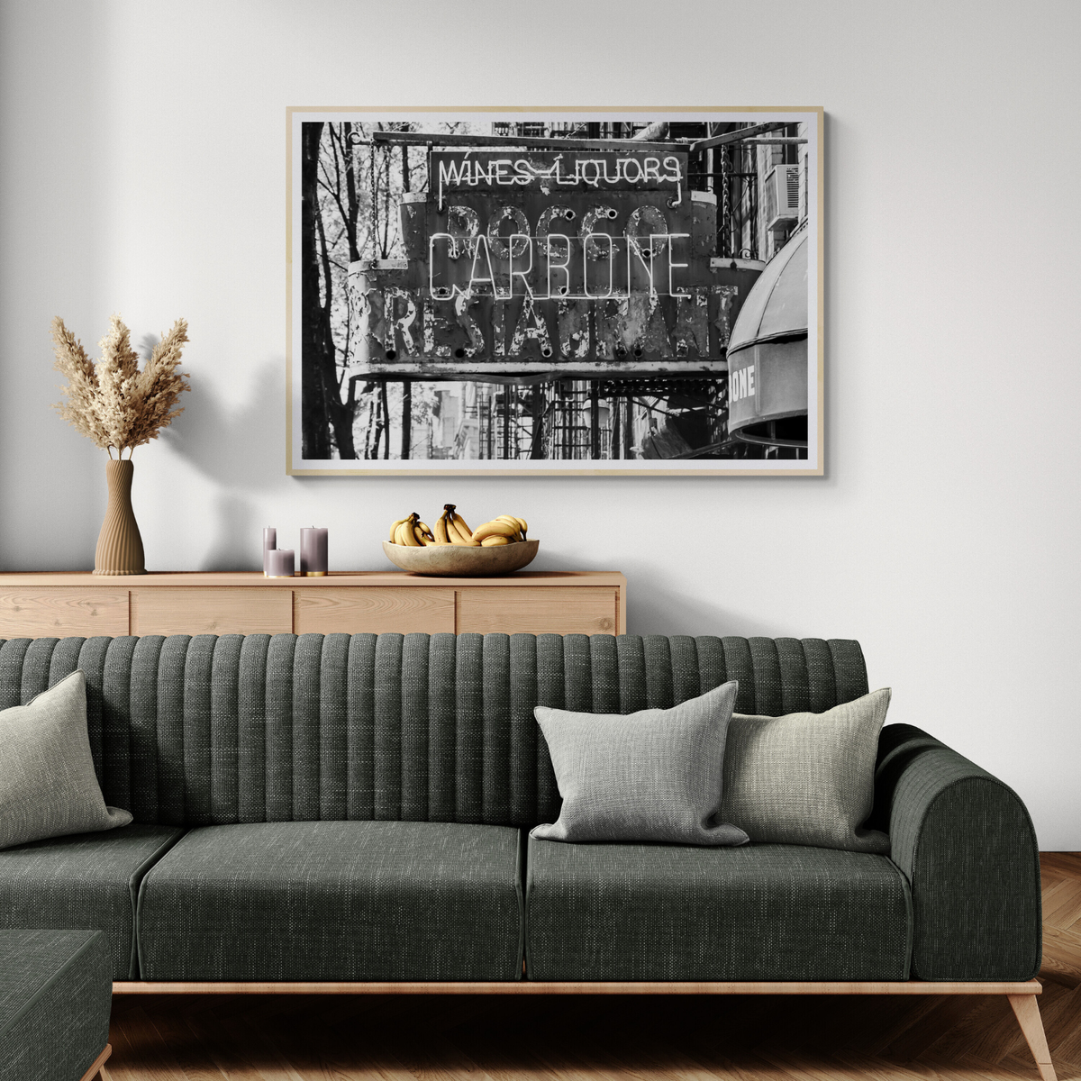 Thompson Street New York NYC Black & White wall art framed print styled in a room view 2