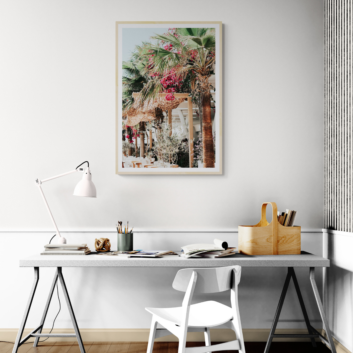 Palm Trees Mykonos Greek island wall art framed print styled in a room