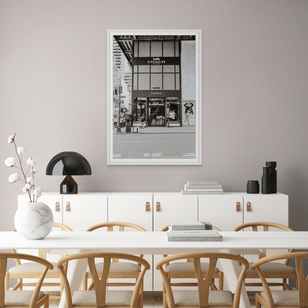 Coach Uptown New York NYC Black & White wall art framed print styled in a room view 2