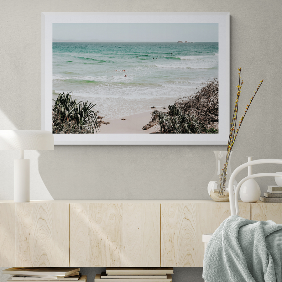 Surf City Byron Bay Surf coastal wall art framed print styled in a room view 3