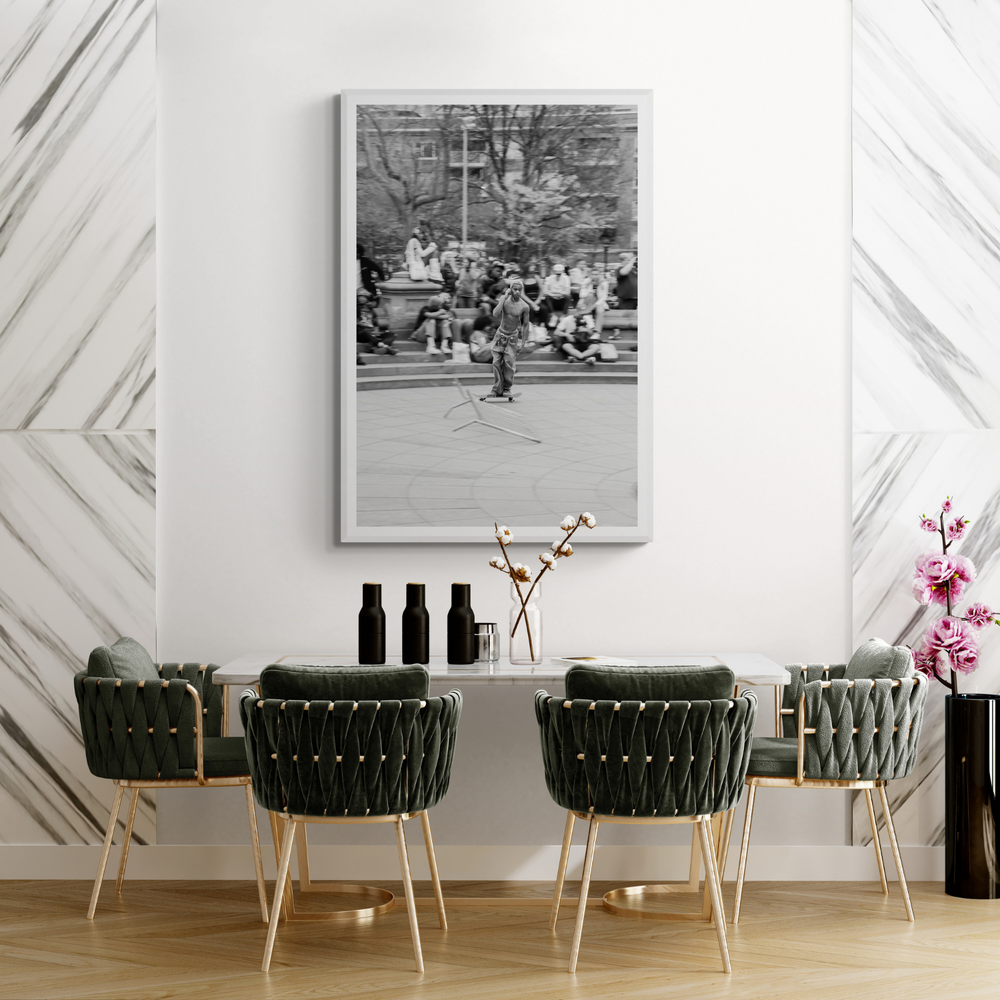 Skate Park Serenade New York NYC Black & White wall art framed print styled in a room view 3