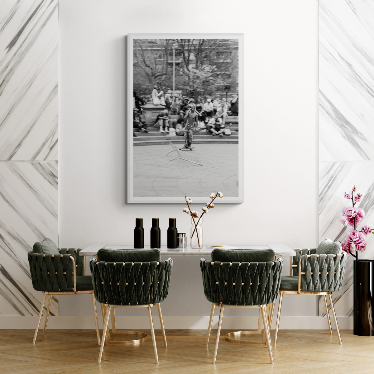Skate Park Serenade New York NYC Black & White wall art framed print styled in a room view 3