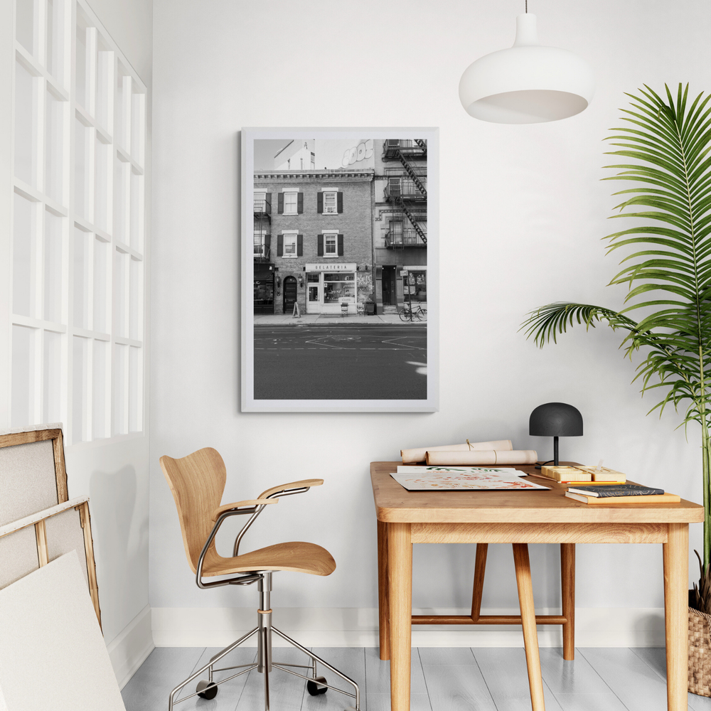 Gelateria New York NYC Black & White wall art framed print styled in a room view 2